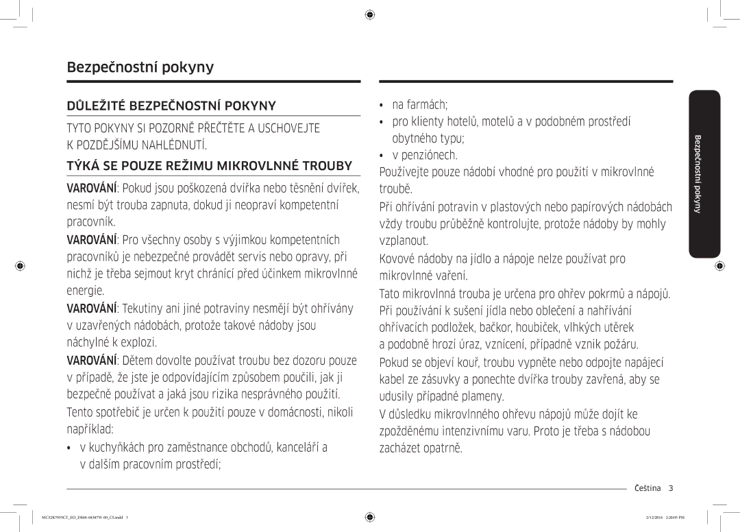 Samsung MC32K7055CT/EO manual Bezpečnostní pokyny, Čeština  